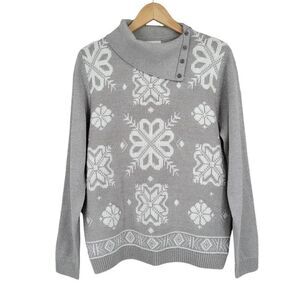 Alfred Dunner Gray Silver Fair Isle Snowflake Foldover Turtleneck Sweater